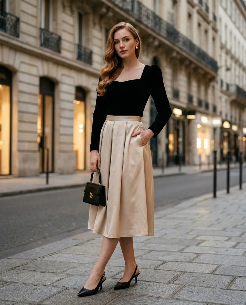 women wearing Black Velvet Top With a Champagne Midi Skirt
