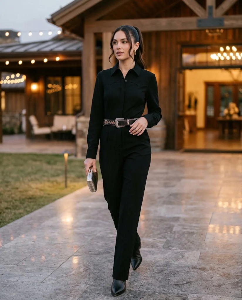Black Western Jumpsuit with an Embroidered Belt, a stylish western wedding guest outfit for women