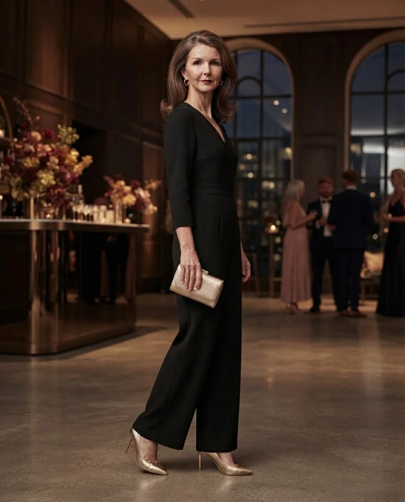 Black Wide-Leg Jumpsuit with Gold Accessories, a semi-formal wedding guest outfit for women over 50