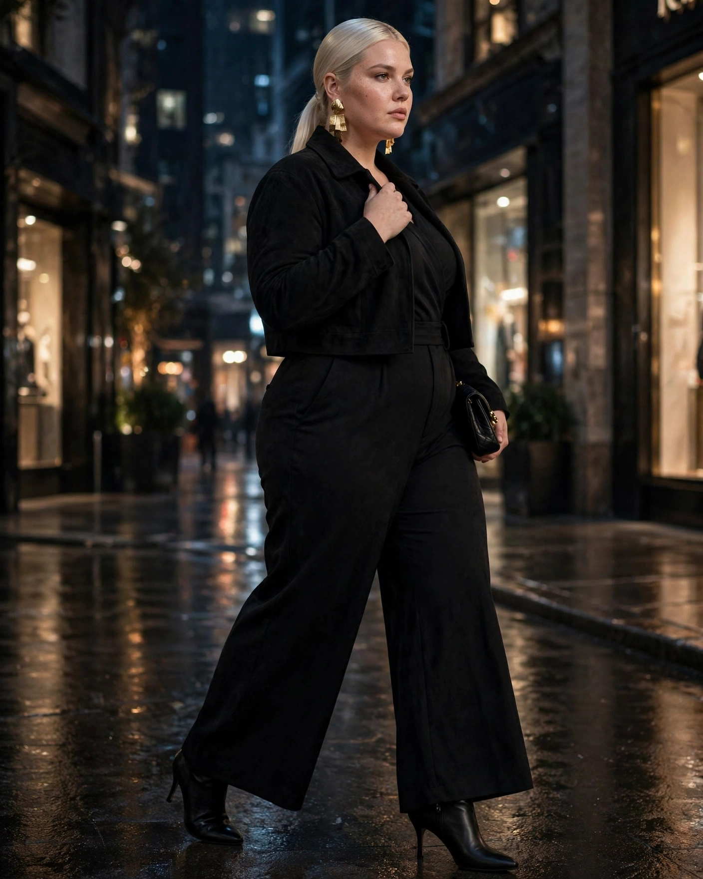 Black Wide-Leg Jumpsuit With Heeled Ankle Boots Plus Size Fall Night Out Outfit