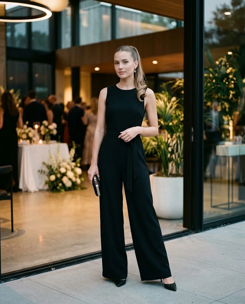 women wearing Black Wide-Leg Jumpsuit With a Defined Waist