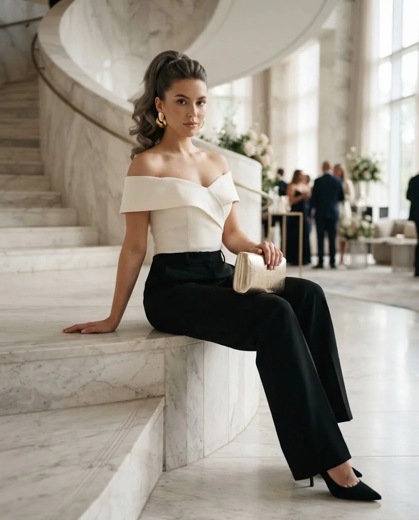 women wearing Black Wide-Leg Pants With an Off-Shoulder Top