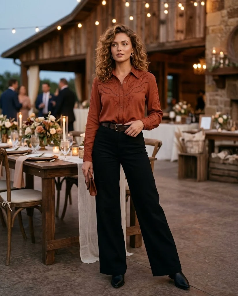 Black Wide-Leg Pants with a Rust Western Blouse, a stylish western wedding guest outfit for women