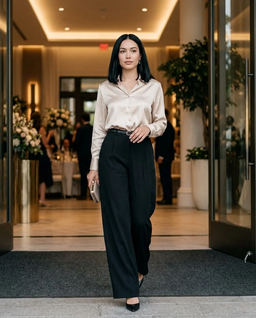 women wearing Black Wide-Leg Trousers With a Satin Blouse