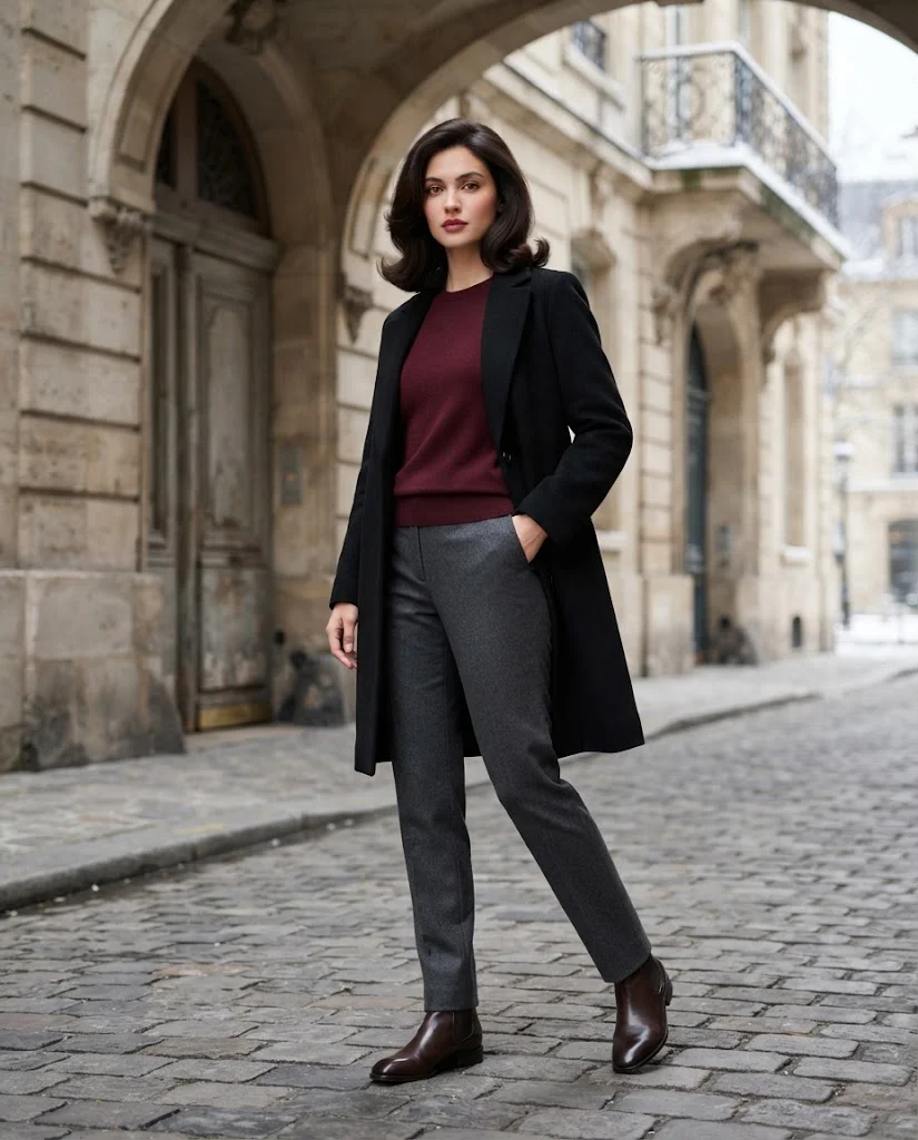women wearing Black Wool Coat With Burgundy Knit and Tailored Pants
