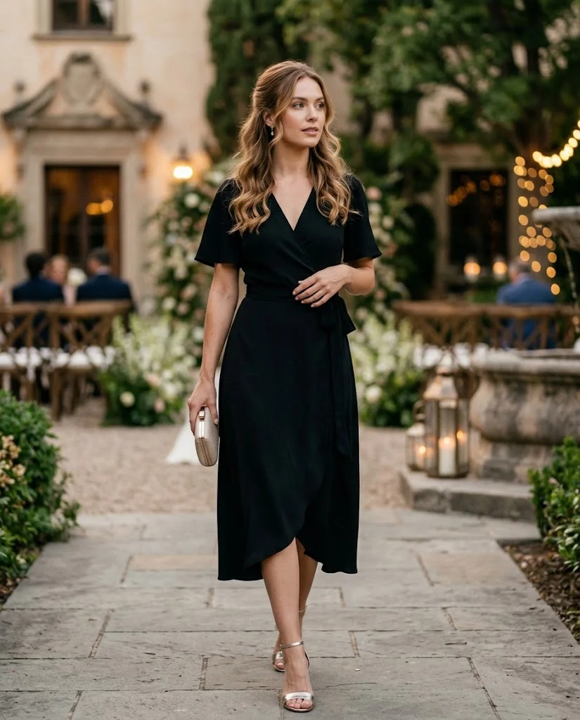 women wearing Black Wrap Dress With Metallic Heels