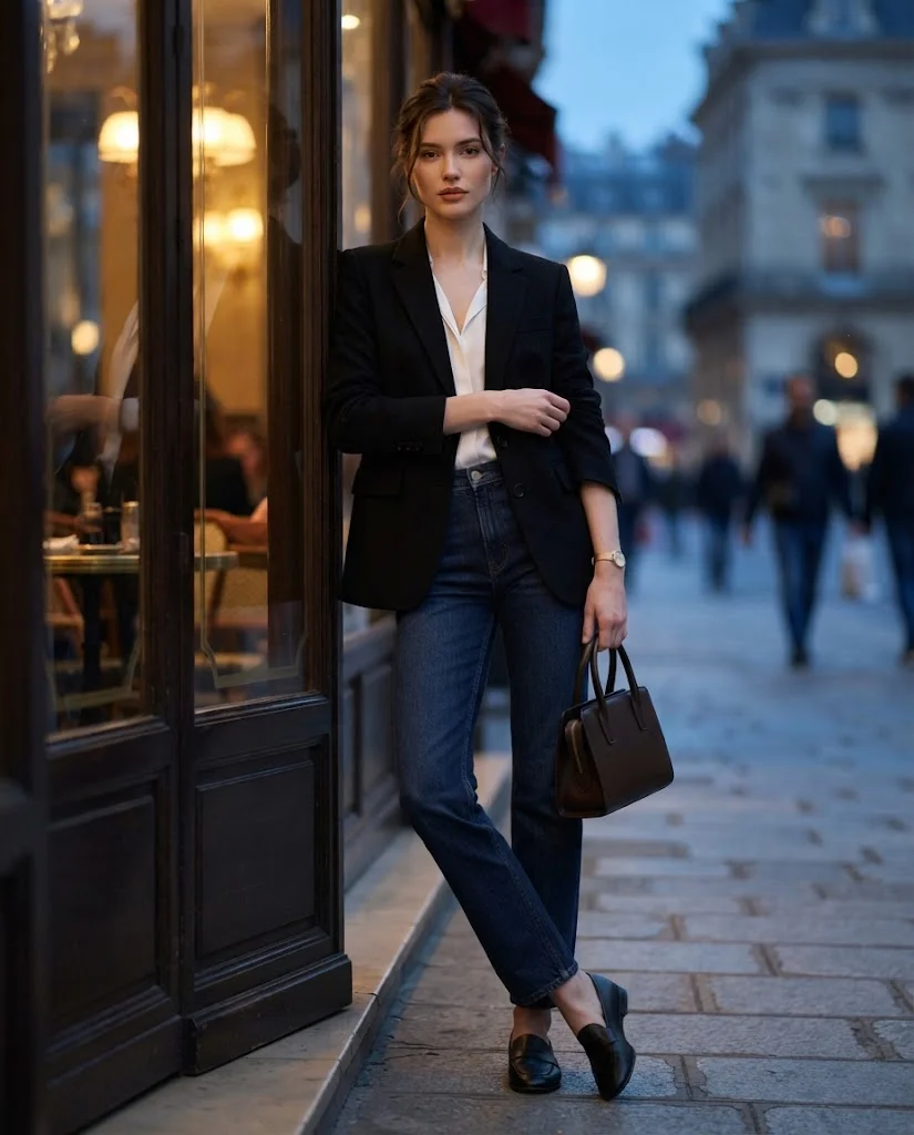 women wearing  Blazer With Straight-Leg Jeans