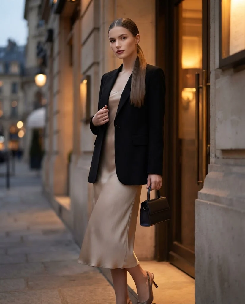 women wearing  Blazer With a Simple Slip Dress