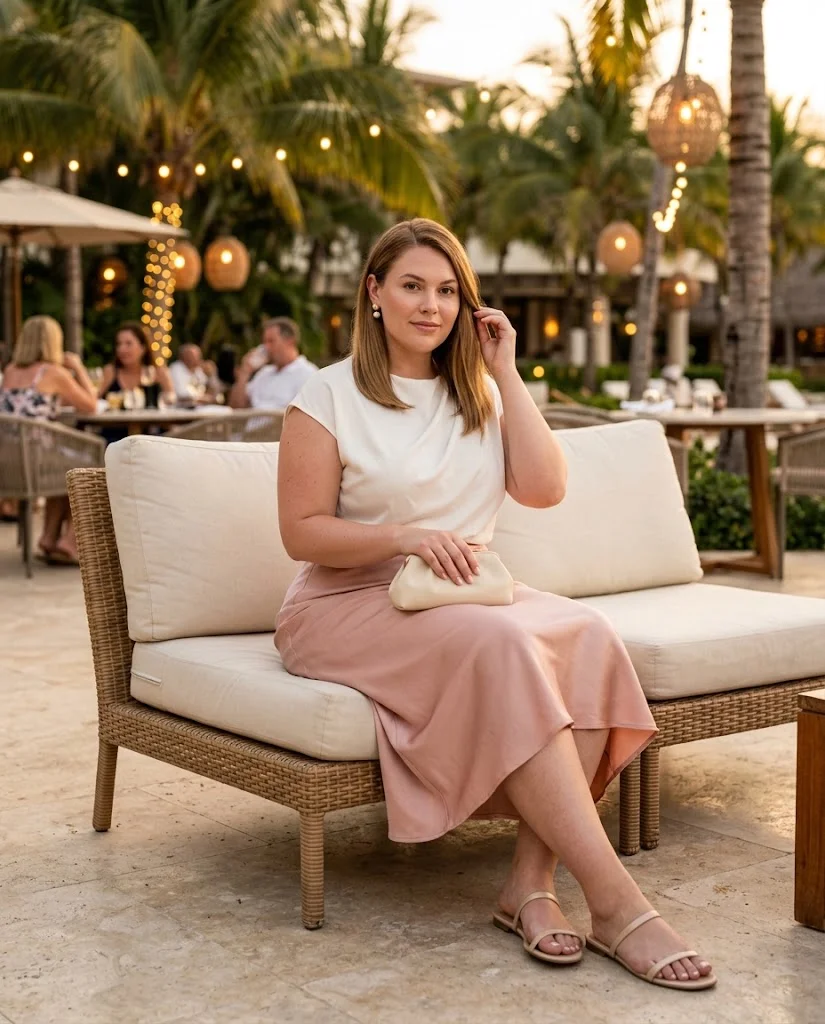 Plus Size Vacation Dinner Outfits: Elegant Looks for Warm Evenings 10 Blush Satin Skirt With an Ivory Draped Top Plus Size Vacation Dinner Outfit