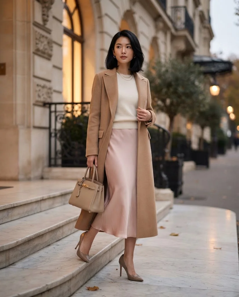 Blush Satin Skirt with an Ivory Sweater, an elegant old money fall date night outfit for women