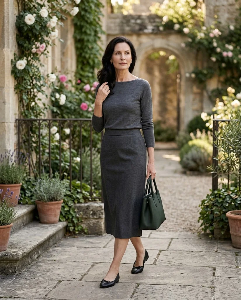women wearing Boat-Neck Knit With a Tailored Midi Skirt