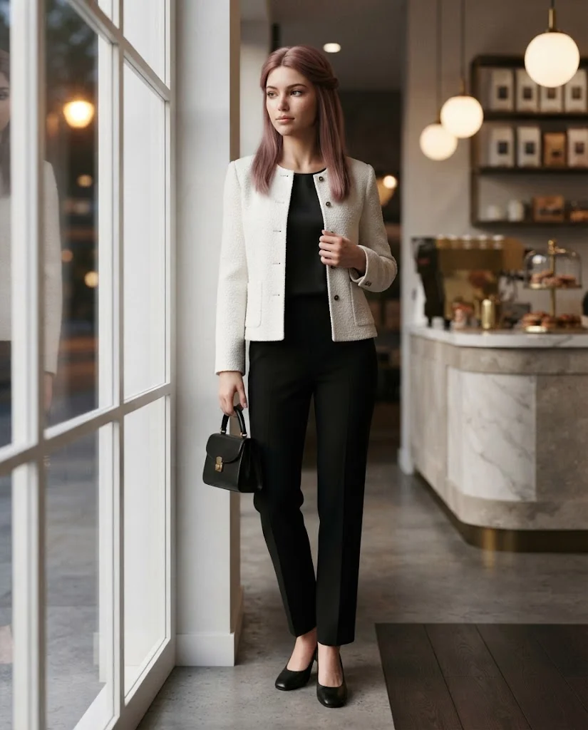women wearing Bouclé Evening Jacket With Straight Black Pants