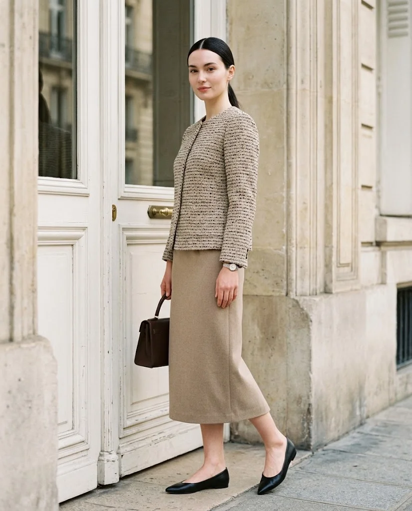 women wearing Bouclé Jacket With Straight Midi Skirt