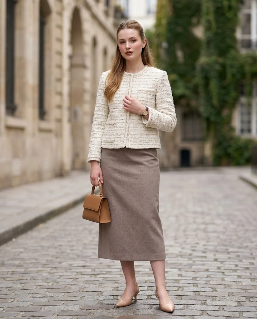 Elegant Old Money Outfits for Women: 20+ Timeless Ideas 7 women wearing Bouclé Jacket With a Straight Midi Skirt