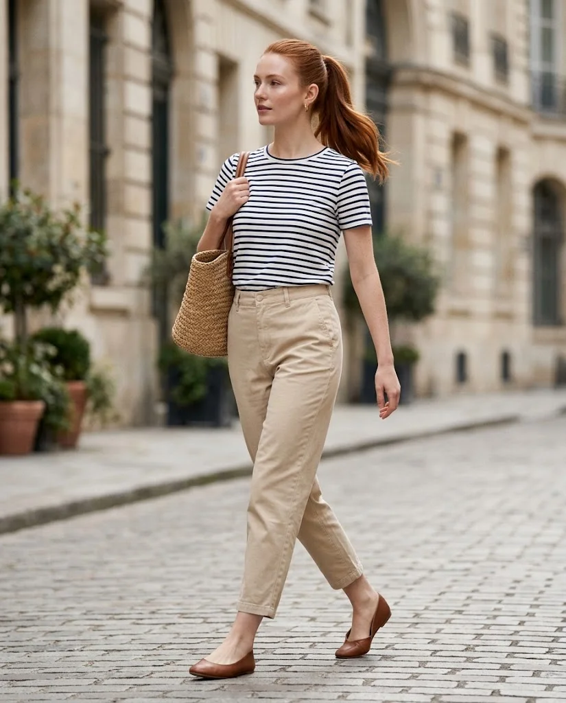 Casual Old Money Outfits for Women: 20+ Chic & Polished Ideas 4 women wearing Breton Tee With Relaxed Chinos