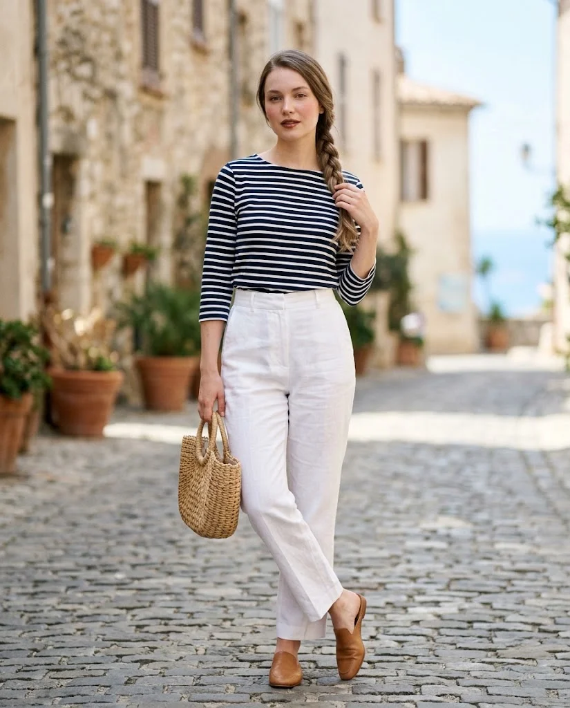 Elegant Old Money Outfits for Women: 20+ Timeless Ideas 5 women wearing Breton Top With White Linen Trousers