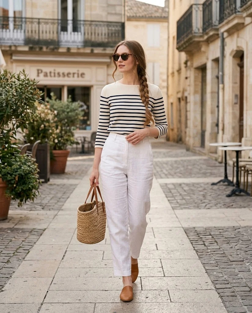 women wearing Breton Top With White Linen Trousers