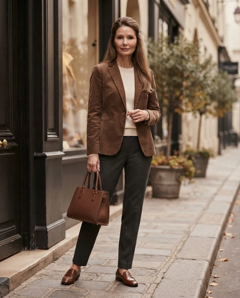 women wearing  Brown Corduroy Blazer With a Cream Knit Top
