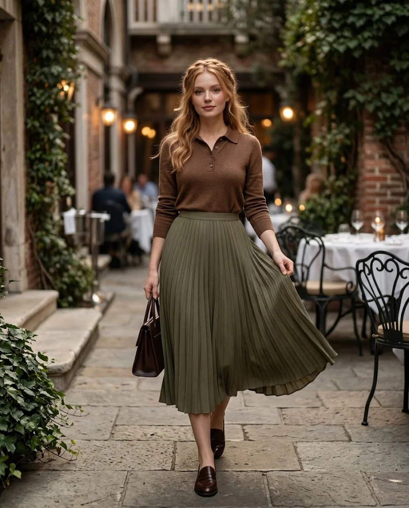 Brown Knit Polo with a Pleated Midi Skirt, an elegant old money fall dinner outfit for women