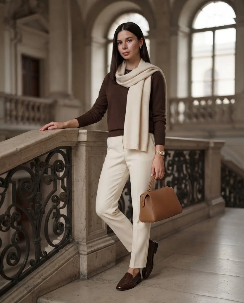 Brown Sweater with Cream Tailored Trousers, an elegant old money warm-weather fall outfit for women