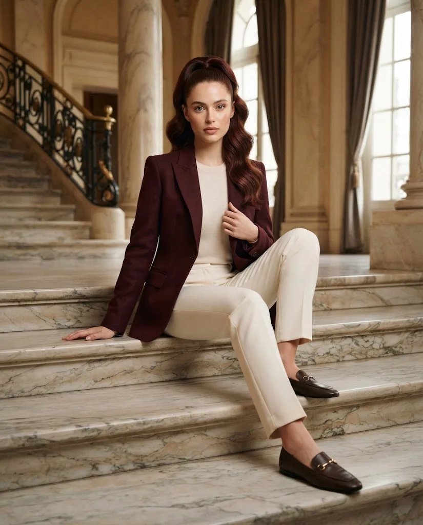 women wearing Burgundy Blazer With Cream Trousers