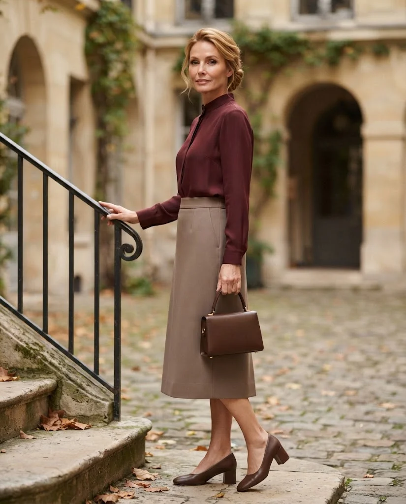 women wearing  Burgundy Blouse With Taupe Tailored Skirt
