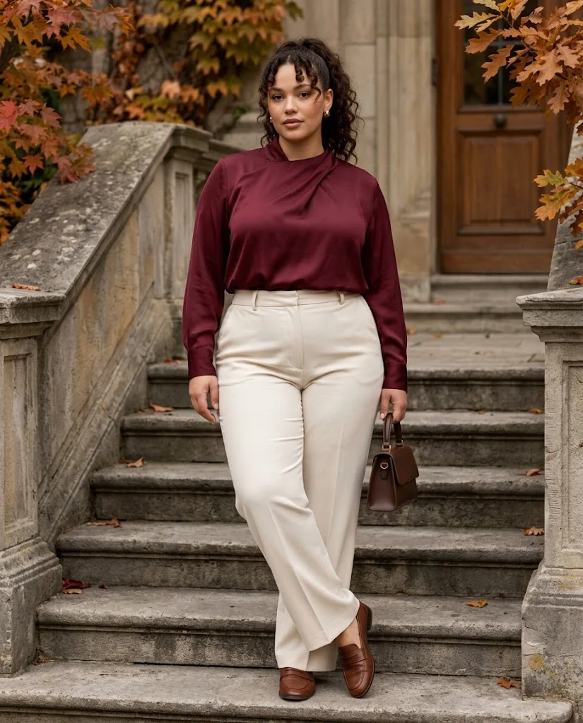 Burgundy Blouse With Wide-Leg Cream Trousers Plus Size Thanksgiving Outfit
