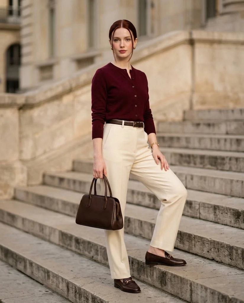 women wearing Burgundy Cardigan With Cream Tailored Pants