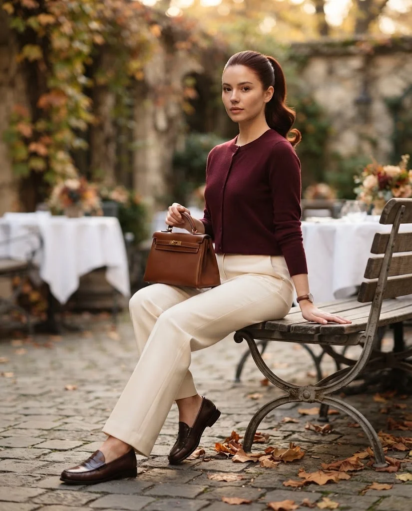 Burgundy Cardigan with Cream Trousers, an elegant old money fall brunch outfit for women