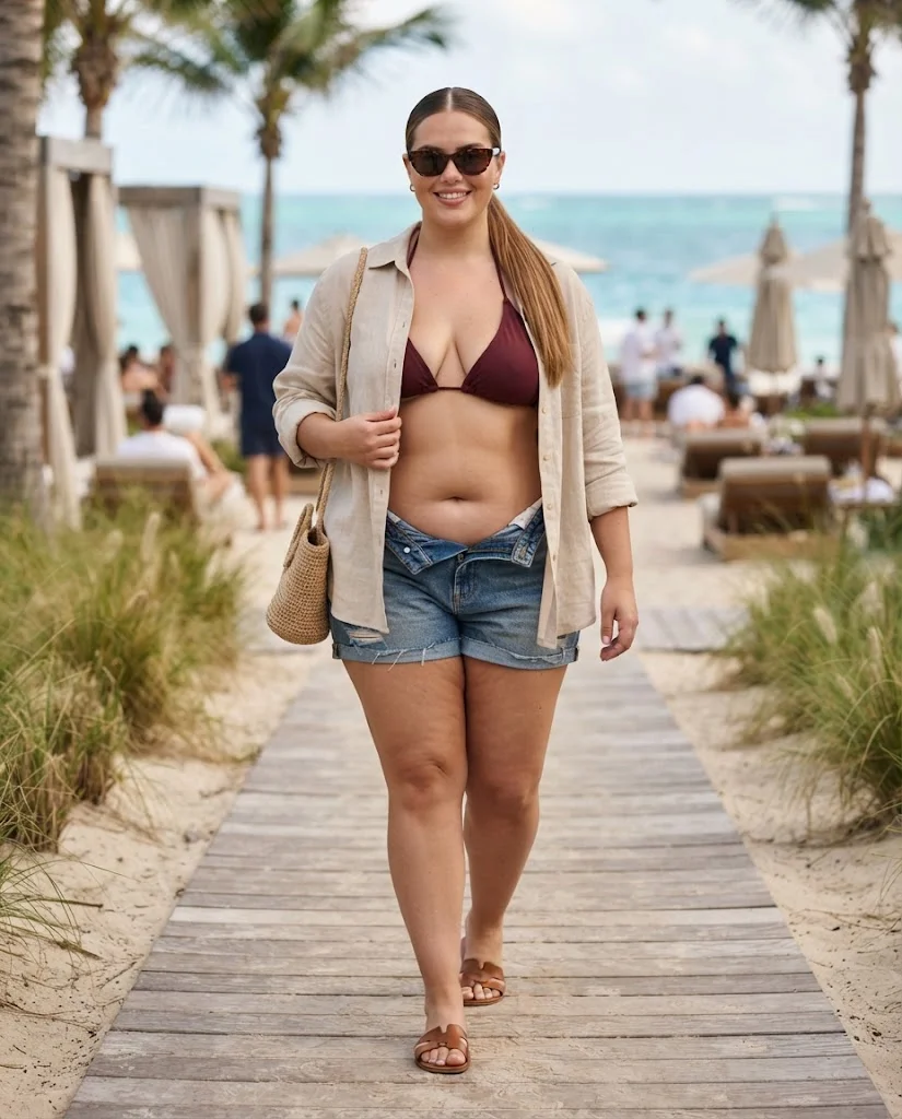 Plus Size Beach Outfits: Bold, Breezy & Stylish Looks 14 Burgundy Halter Bikini With Denim Shorts Plus Size Beach Outfit