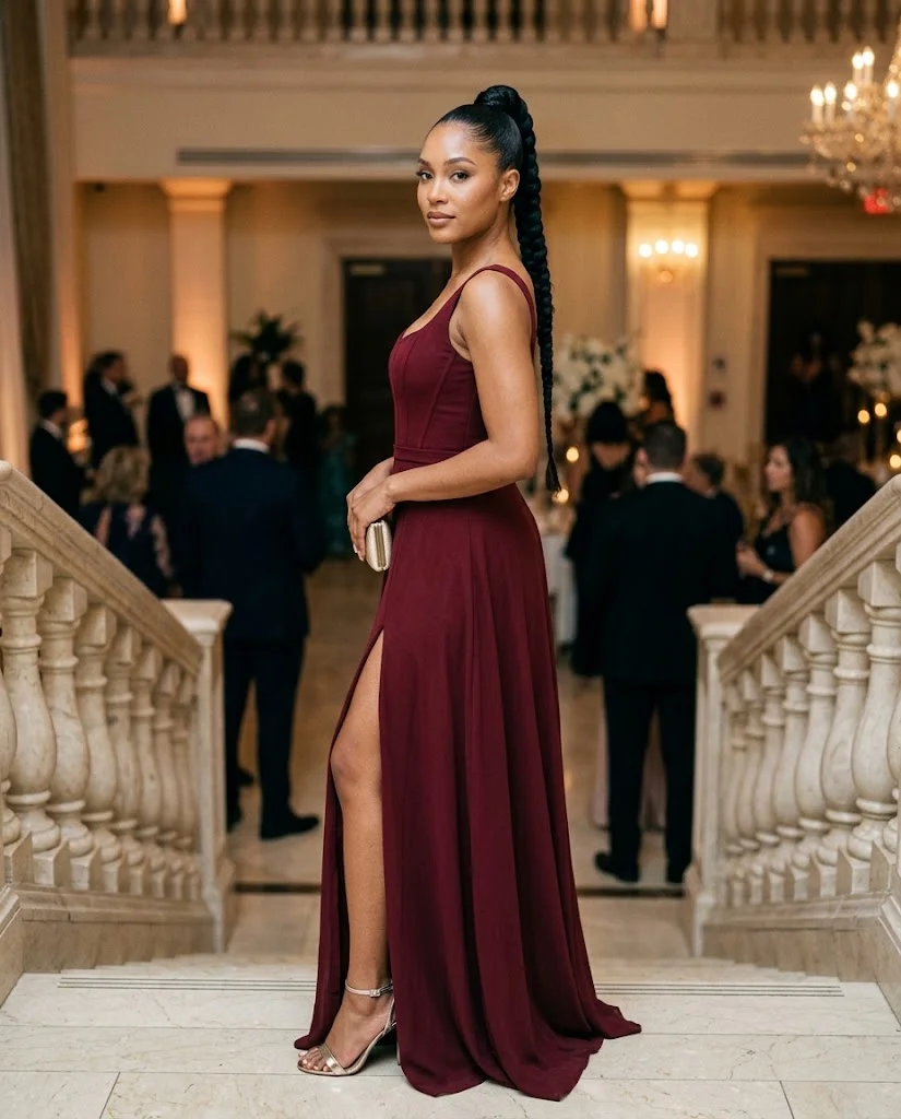 women wearing  Burgundy High-Slit Corset Maxi Dress