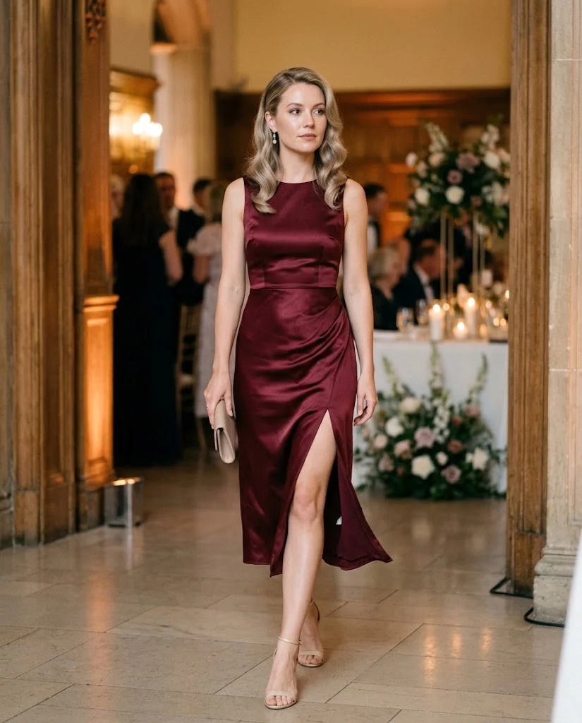 women wearing Burgundy High-Slit Satin Midi Dress