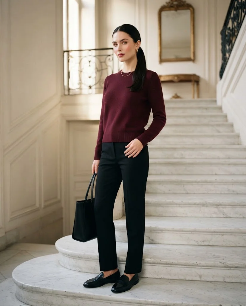  women wearing Burgundy Knit Sweater With Black Tailored Pants