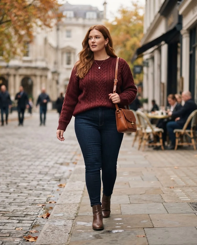 Plus Size Fall Outfits for Women: 15 Stylish Ideas 2 Burgundy Knit Sweater With Dark Skinny Jeans, a stylish plus size fall outfit for women