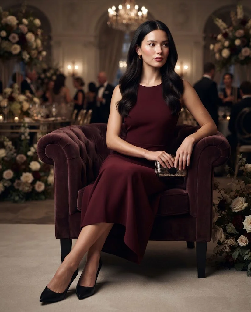 women wearing Burgundy Midi Dress With Classic Pumps