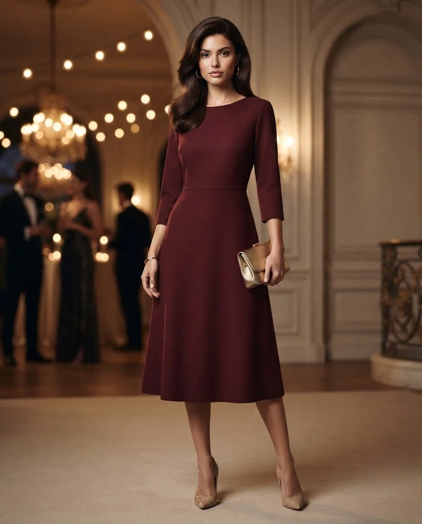 women wearing Burgundy Midi Dress With Gold-Tone Accessories