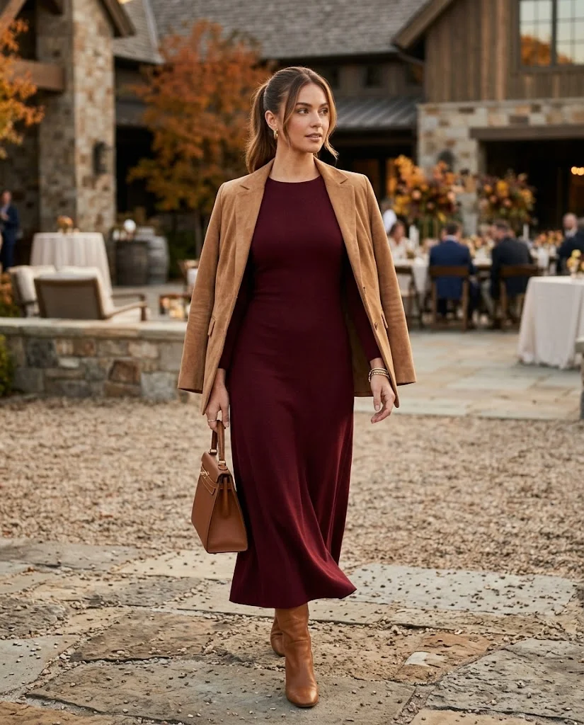 Burgundy Midi Dress with a Camel Suede Blazer, a stylish western wedding guest outfit for women