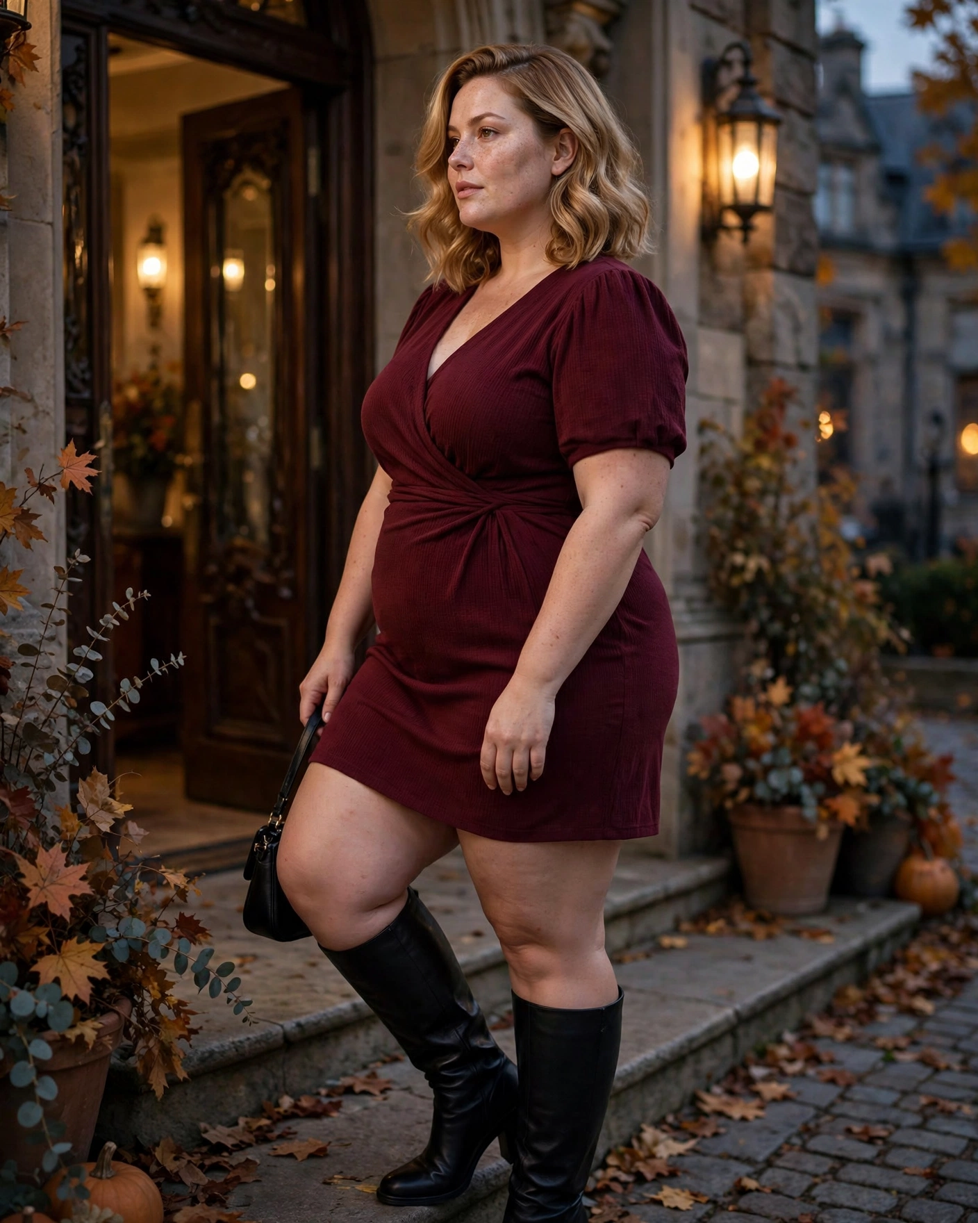 Burgundy Mini Dress With Knee-High Boots Plus Size Fall Night Out Outfit