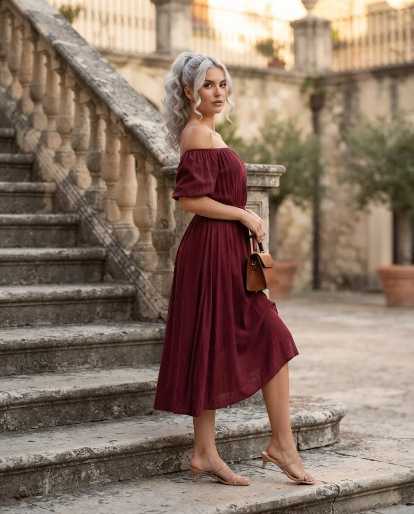 Old Money September Outfit Ideas for Women: 20+ Elegant Looks 7 women wearing Burgundy Off-Shoulder Midi Dress with Low Heels