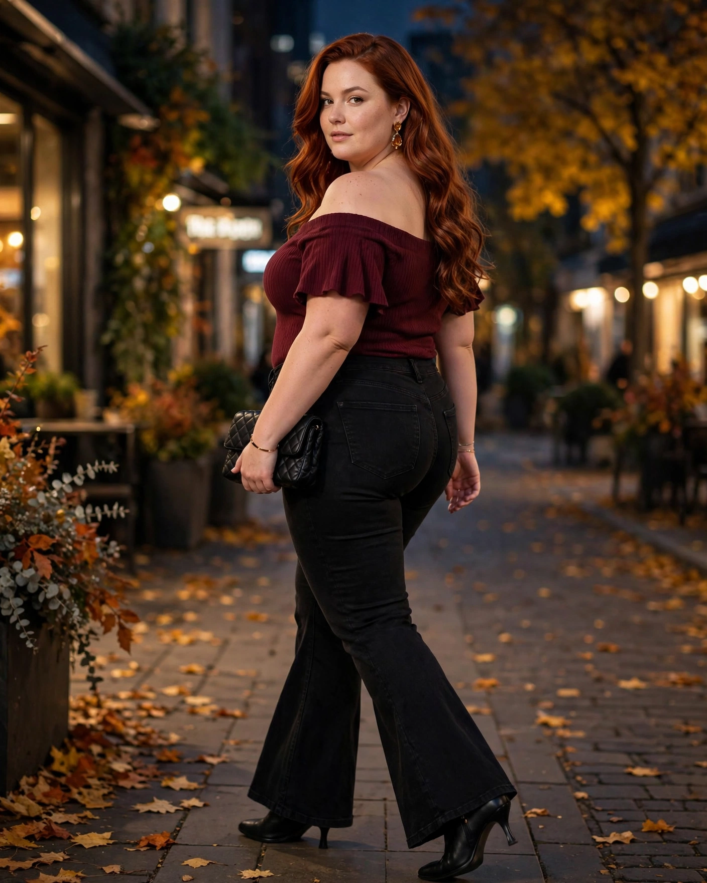 Burgundy Off-Shoulder Top With Black Flare Jeans Plus Size Fall Night Out Outfit