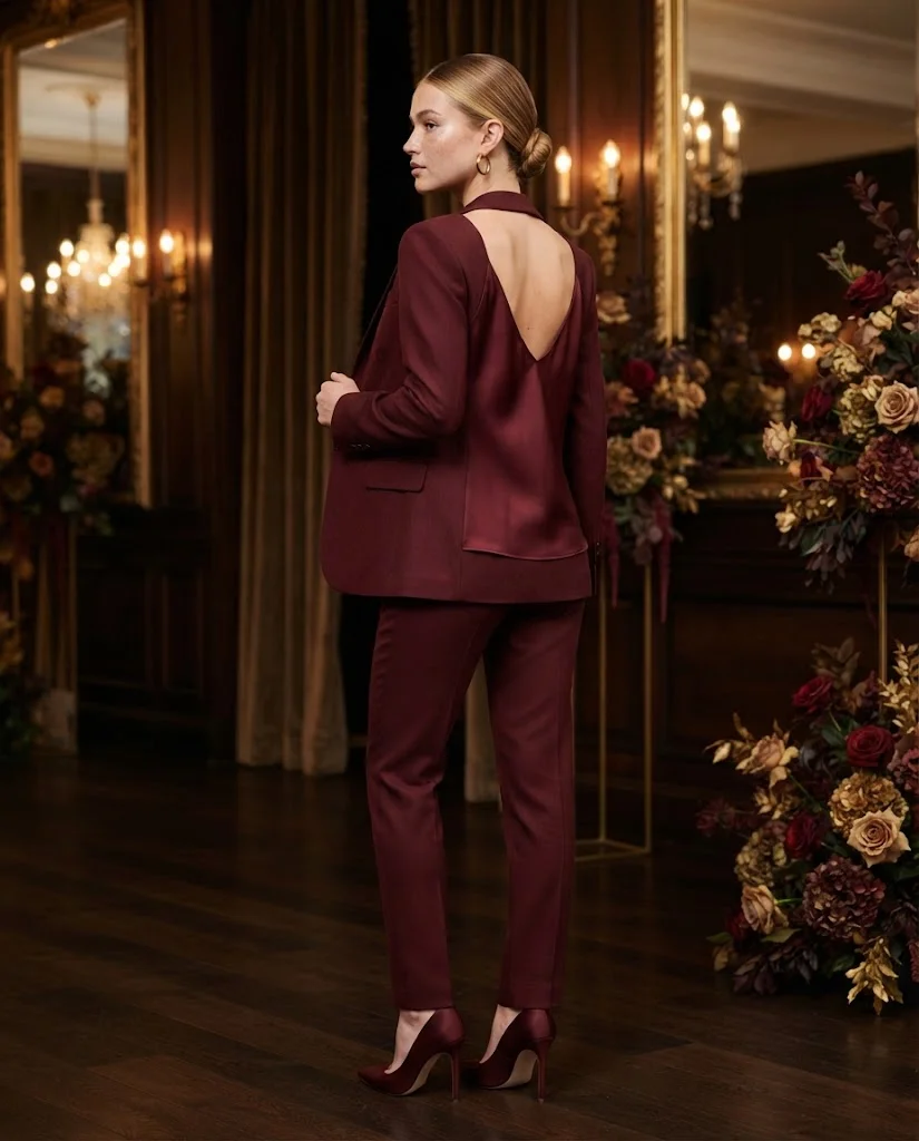 women wearing  Burgundy Pantsuit With a Low-Back Silk Camisole