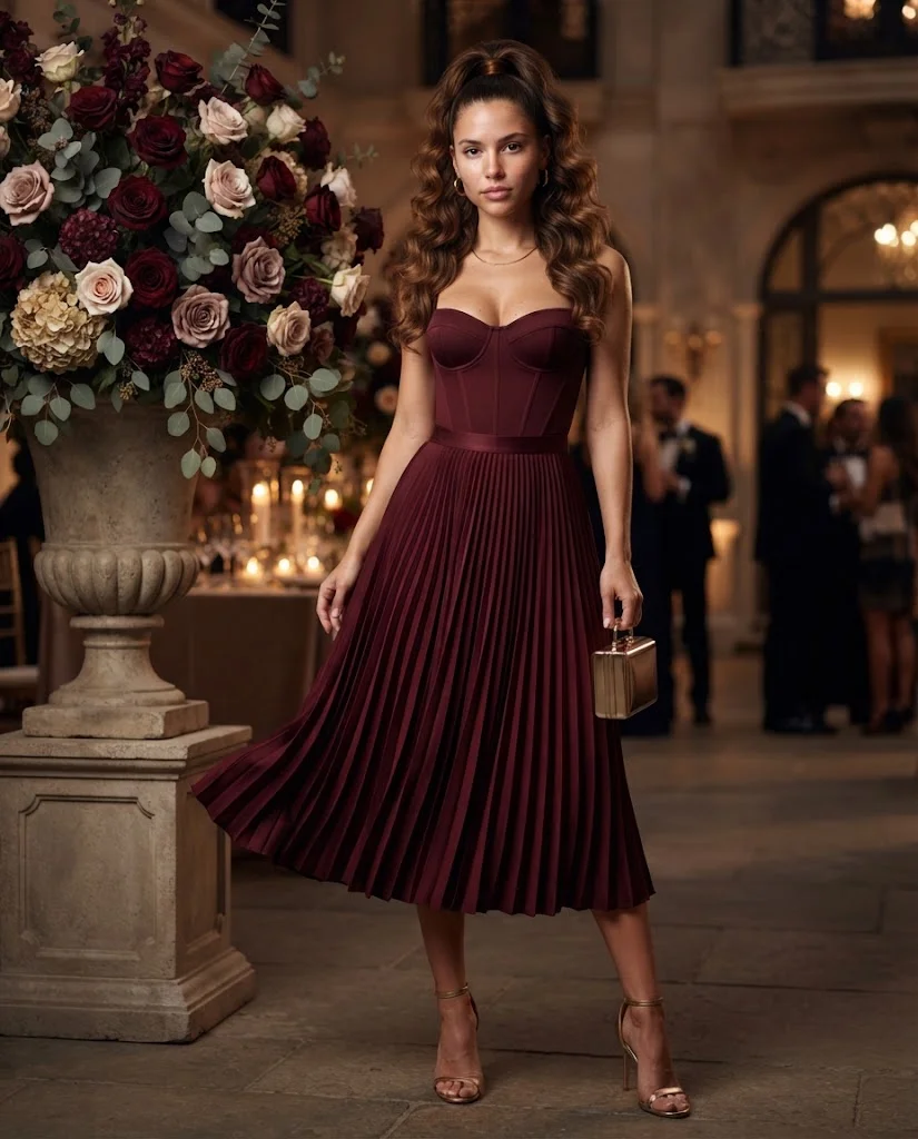 women wearing Burgundy Pleated Skirt With a Corset-Inspired Top
