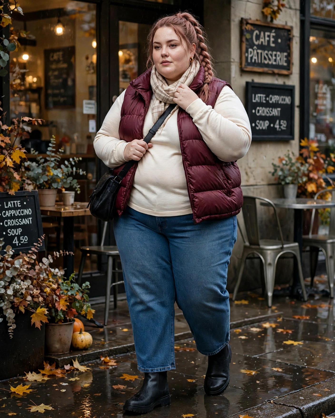 Burgundy Puffer Vest With a Long-Sleeve Tee and Straight-Leg Jeans Plus Size Rainy Fall Outfit