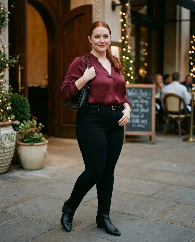 Plus Size Fall Dinner Outfits: 15 Chic Looks for Autumn Evenings 2 Burgundy Satin Blouse With Black Skinny Jeans Plus Size Fall Dinner Outfit