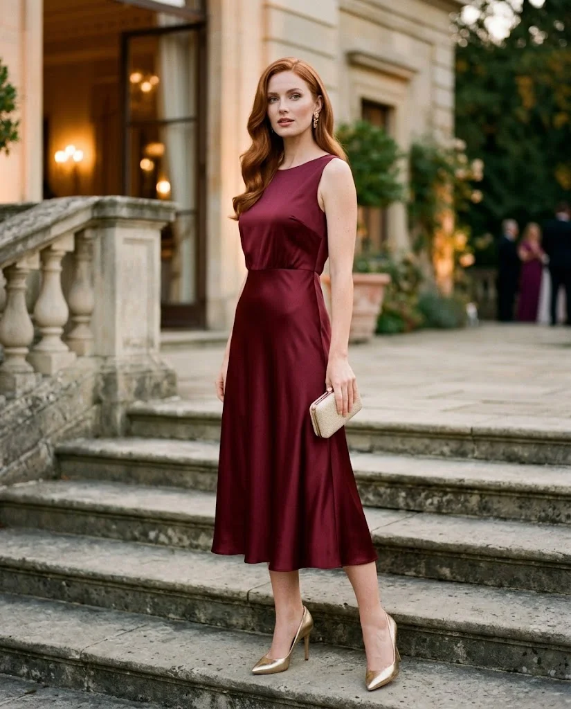 women wearing Burgundy Satin Midi Dress With Gold Heels
