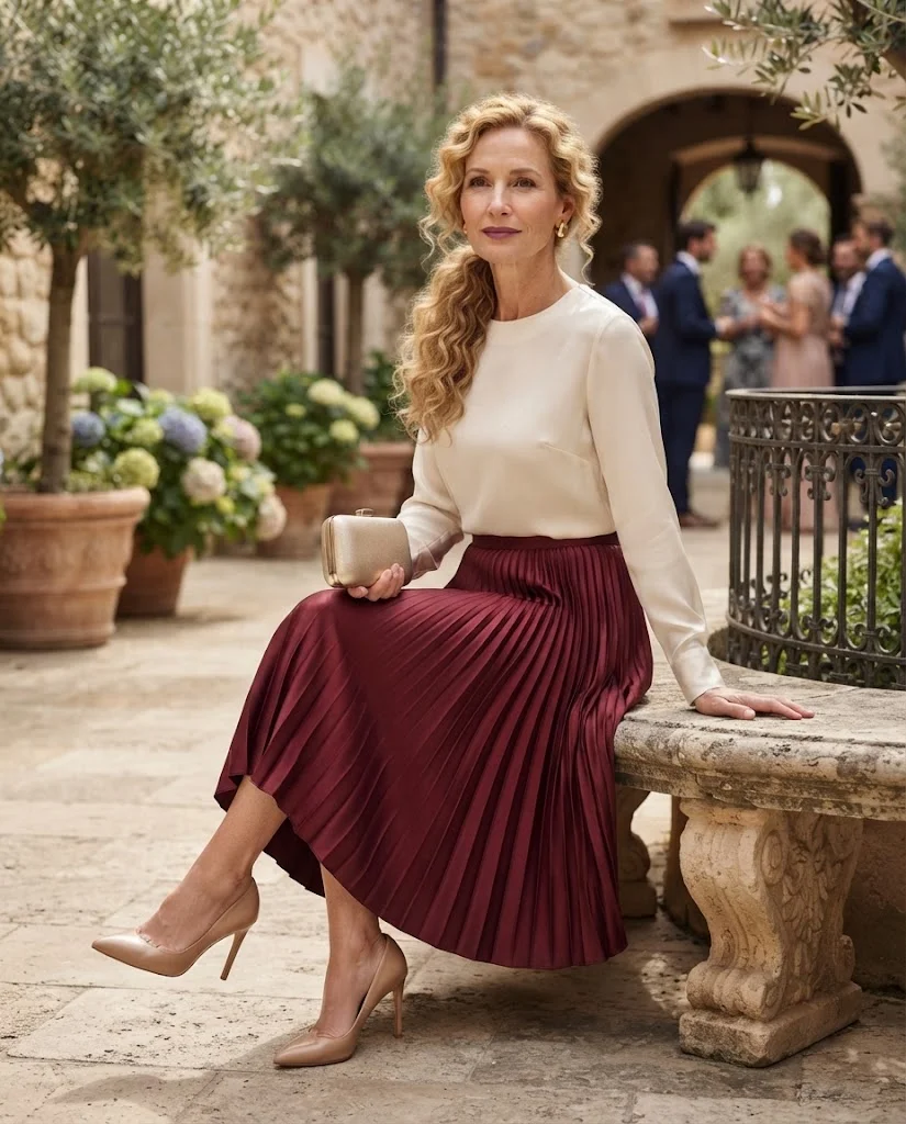 Burgundy Satin Skirt with Cream Blouse, a semi-formal wedding guest outfit for women over 50