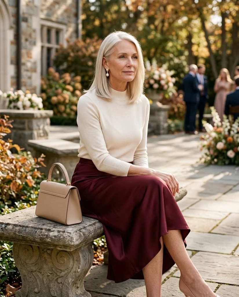 Burgundy Satin Skirt with Cream Knit Top, a fall wedding guest outfit for women over 50