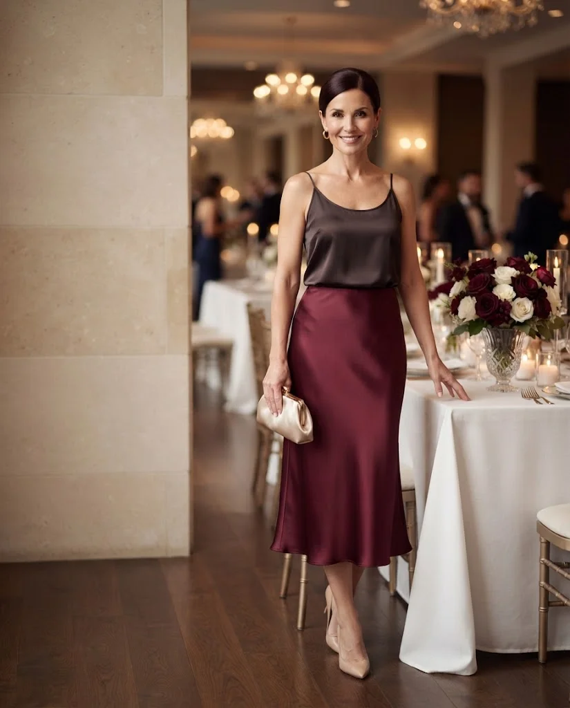 Burgundy Satin Skirt with Silk Camisole, an elegant wedding guest outfit for women over 50