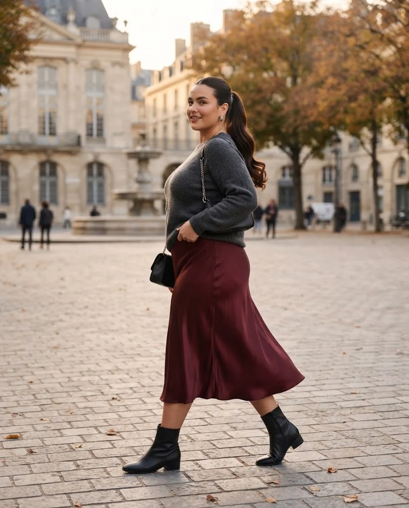 Plus Size Autumn Outfit Ideas for Women: 15 Chic Ideas 8 Burgundy Satin Skirt With a Charcoal Sweater, a dressy plus size autumn outfit for women