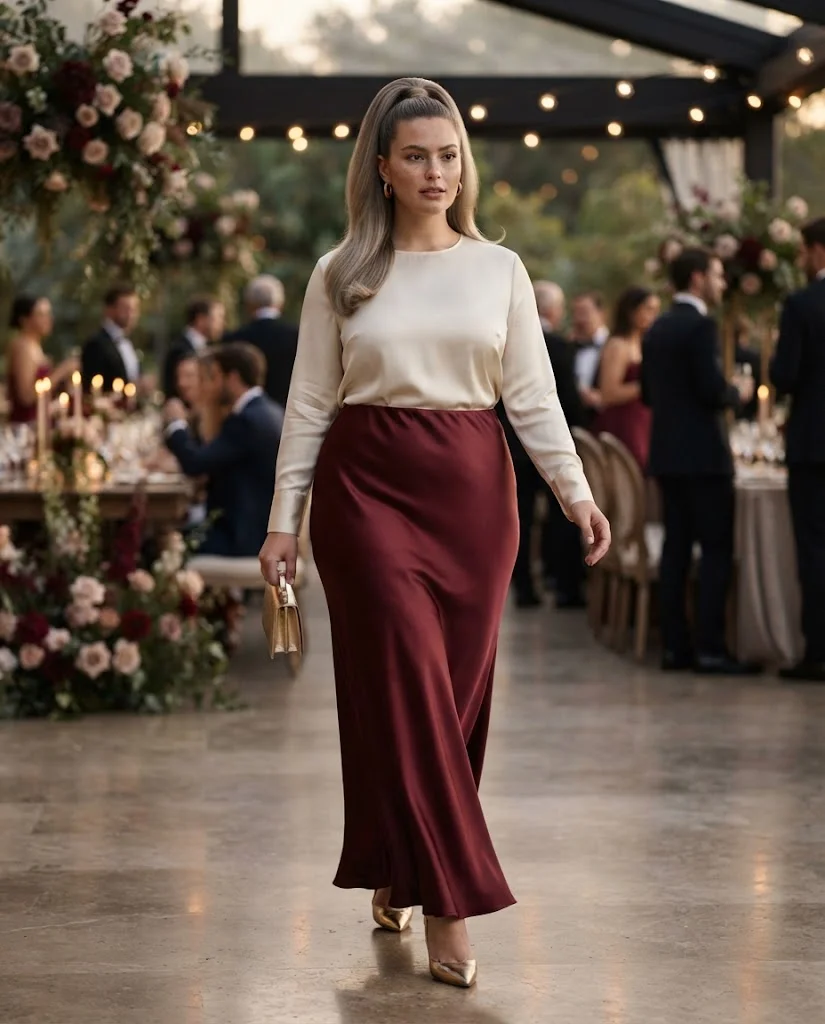 women wearing Burgundy Satin Skirt With a Fitted Blouse